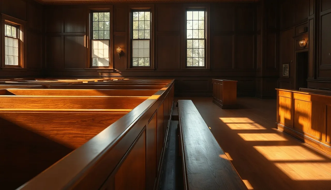 Empty Nebraska courthouse courtroom with morning light through tall windows