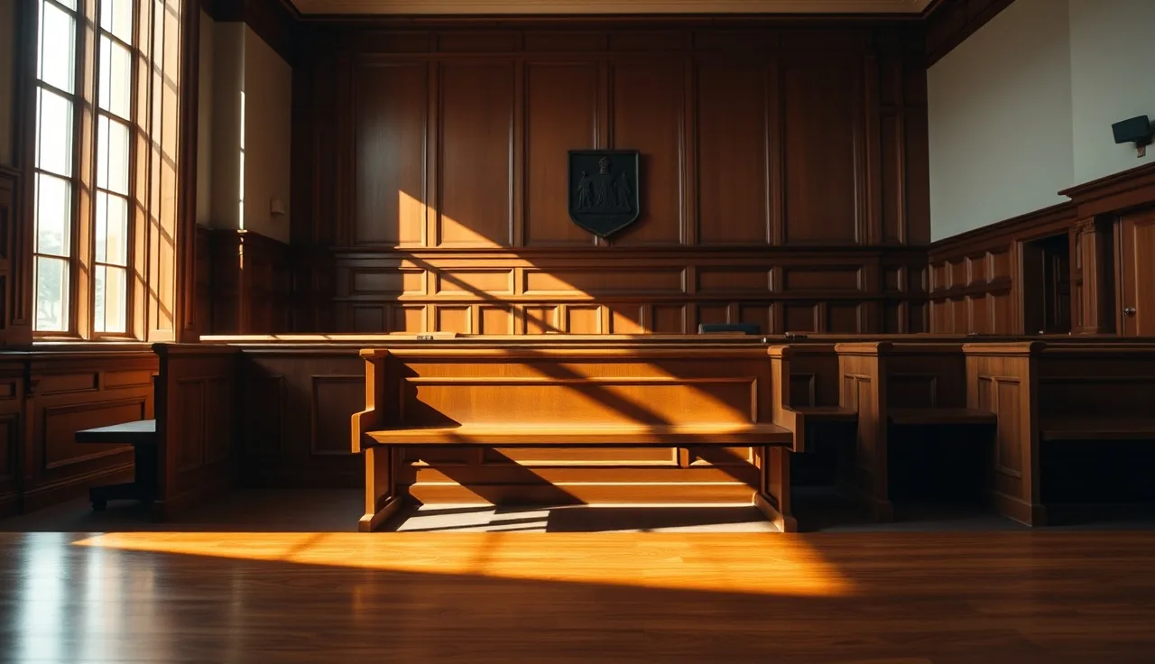 Empty wooden courtroom bench inside a Nevada district court, morning light through tall windows