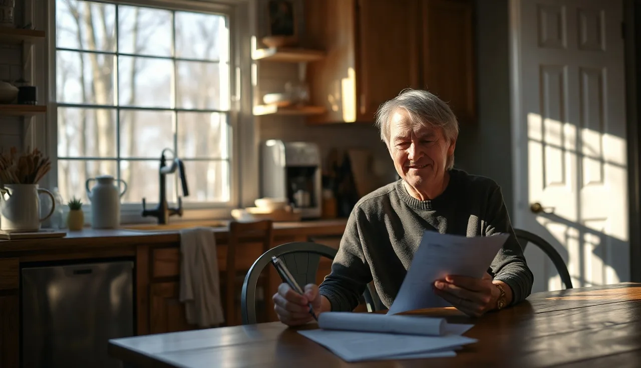 Person reviewing divorce paperwork at a sunlit kitchen table in New Hampshire