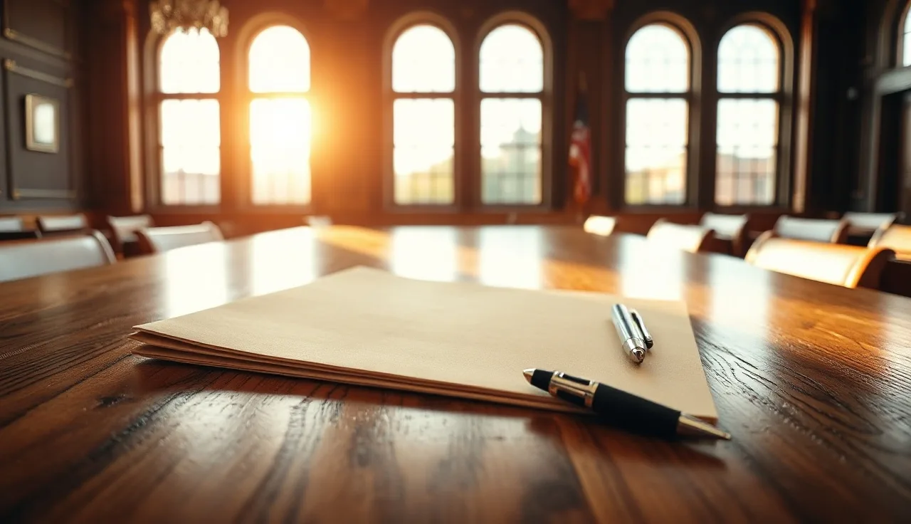 Empty courthouse table with folder and pen during a New Jersey divorce proceeding
