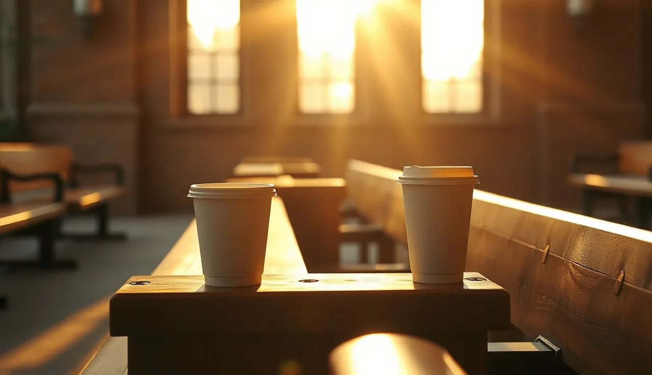 Two coffee cups on a courthouse bench, symbolizing a New York divorce process