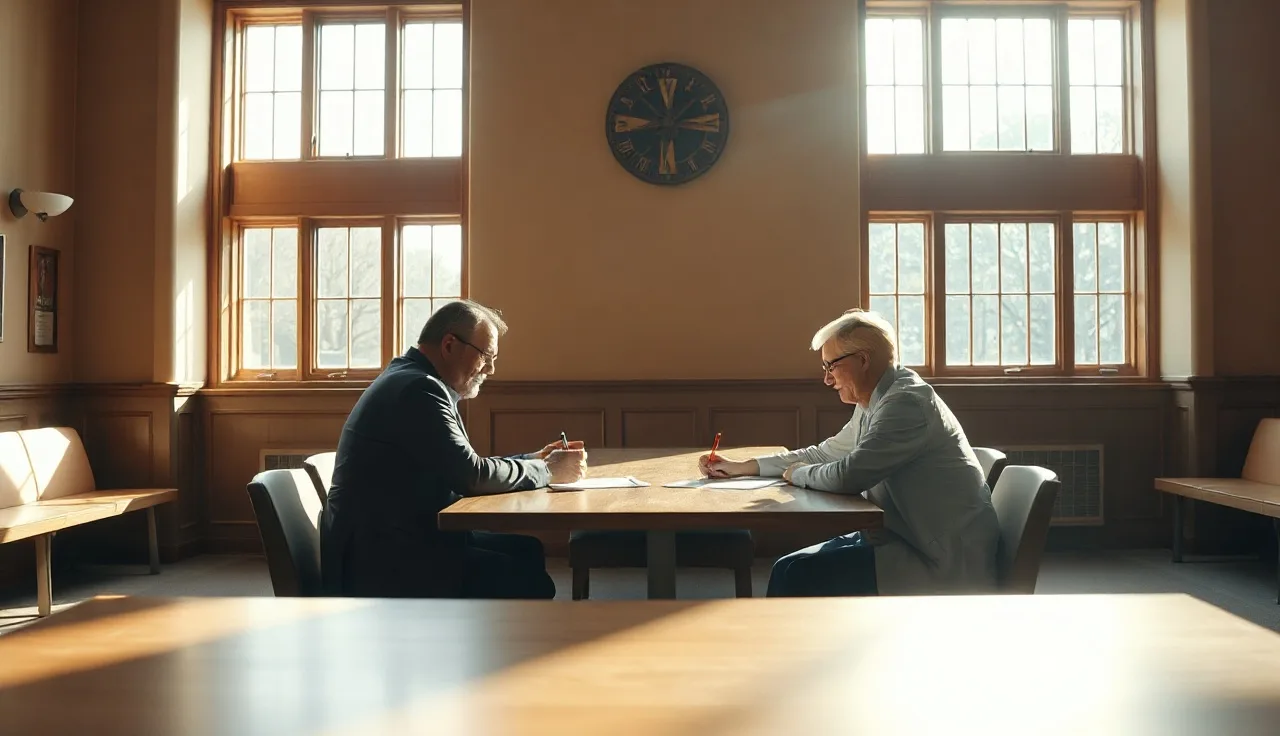 Two people seated at a courthouse table preparing for Ohio divorce proceedings