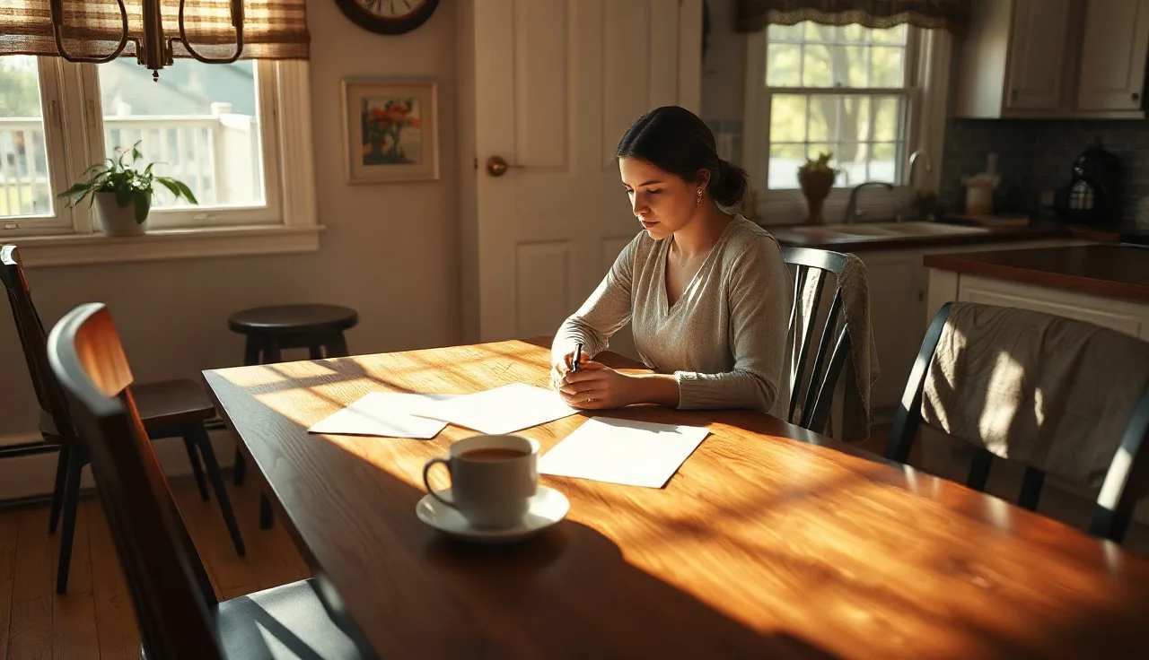 Woman sitting at kitchen table with pen and papers during divorce process