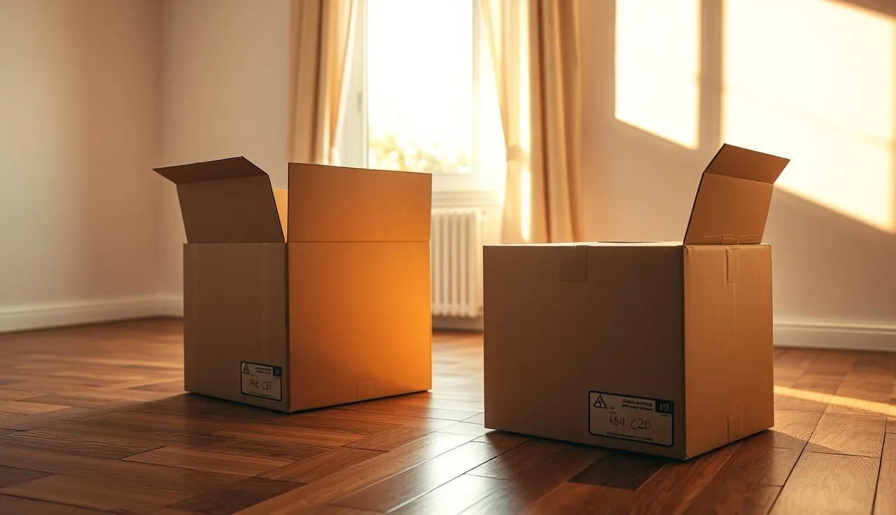 Empty living room with moving boxes near a sunny window, suggesting a household separation