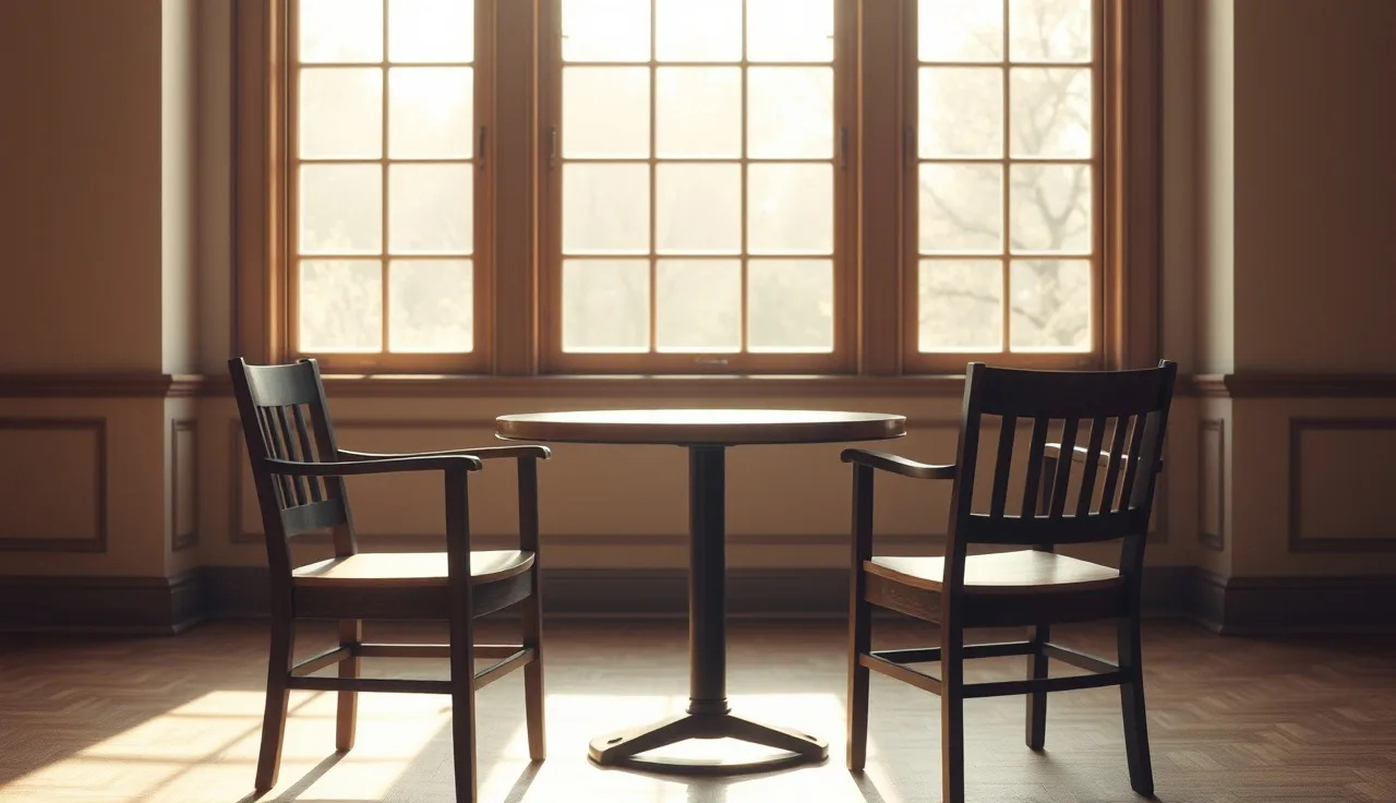Two empty chairs at a table near a sunlit courthouse window representing divorce process
