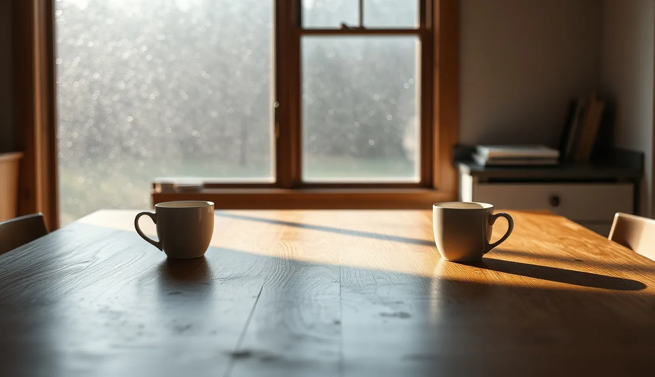 Empty kitchen table with two coffee cups, symbolizing a Washington state divorce