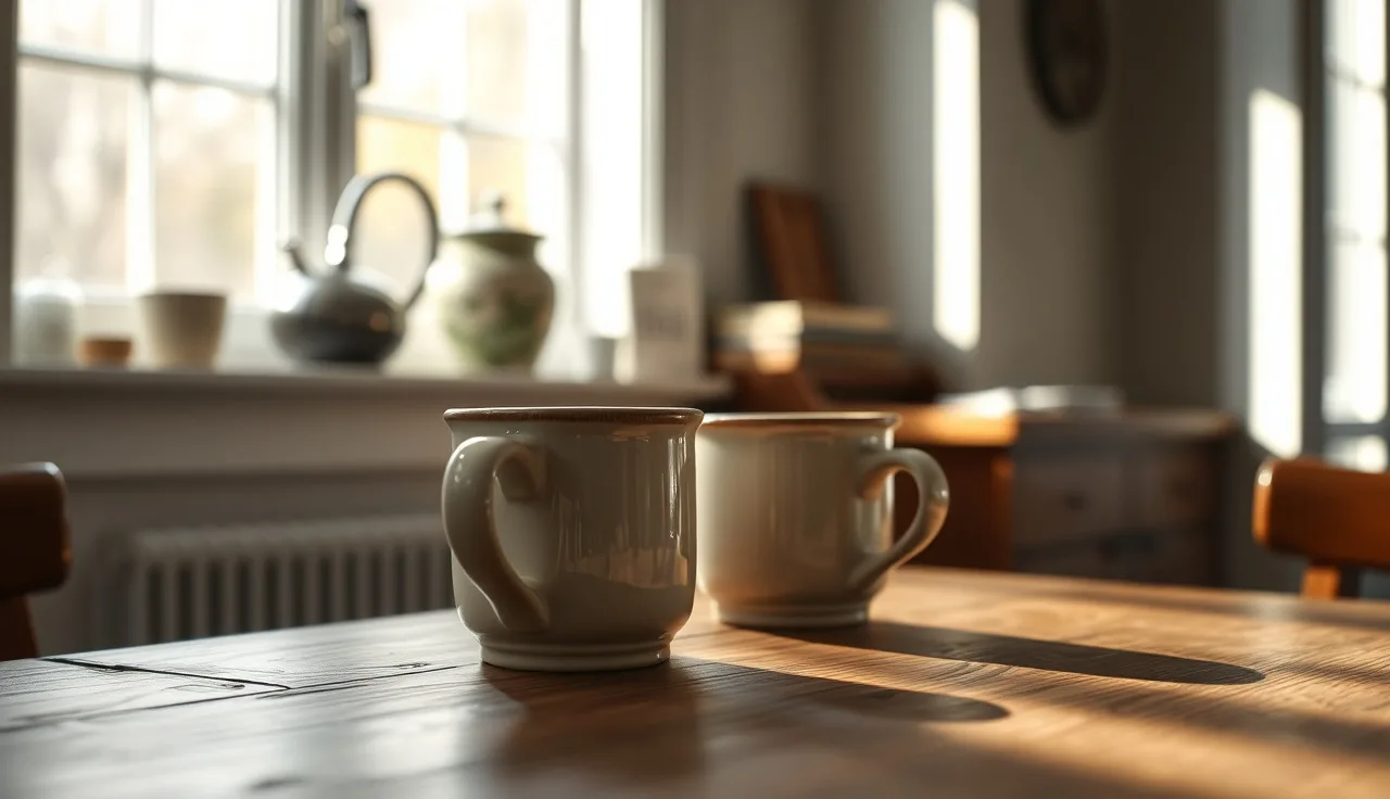 Two mugs on a wooden table in a quiet Maine kitchen during divorce process