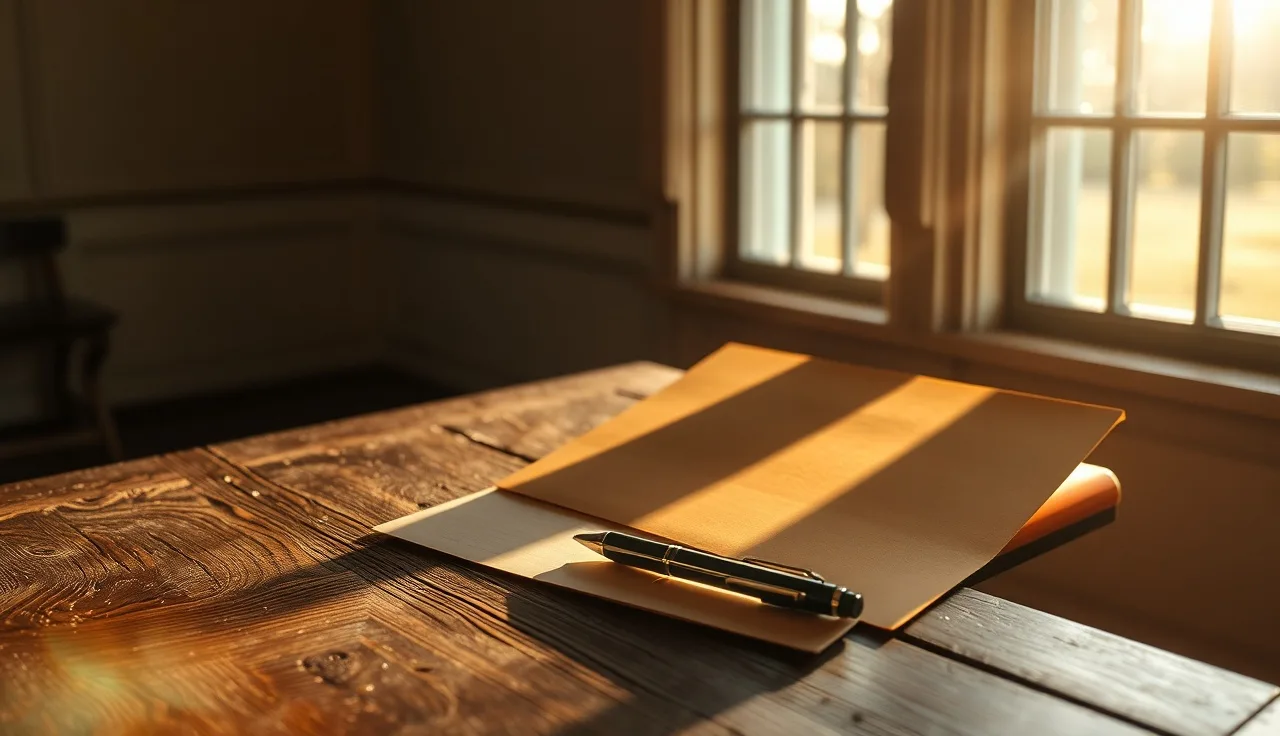 Sunlit courthouse window with empty folder and pen on wooden table