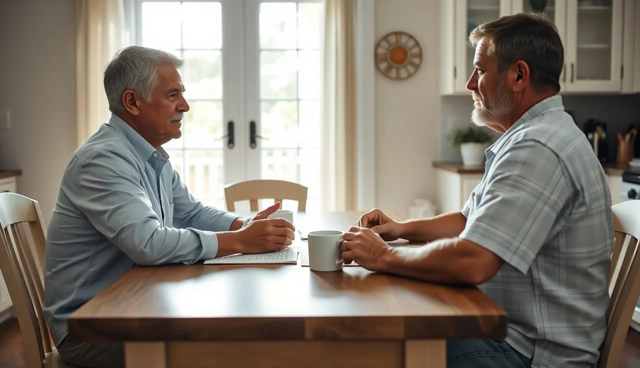Two adults reviewing alimony paperwork at a kitchen table in morning light