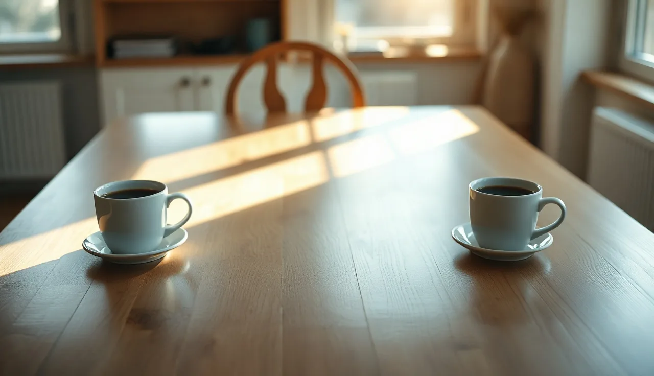 Two coffee cups on opposite ends of a wooden table symbolizing Florida alimony separation