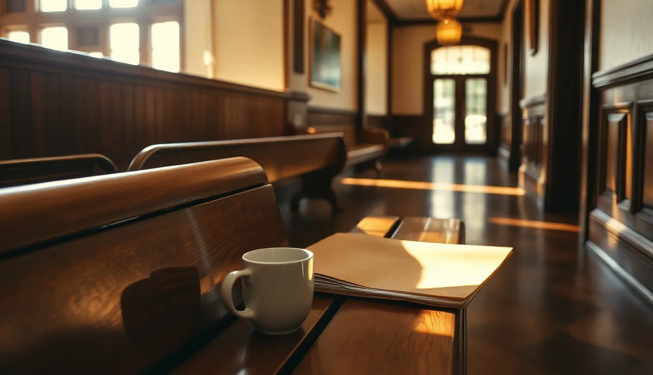 Empty Georgia courthouse bench with a folder of divorce papers in morning light