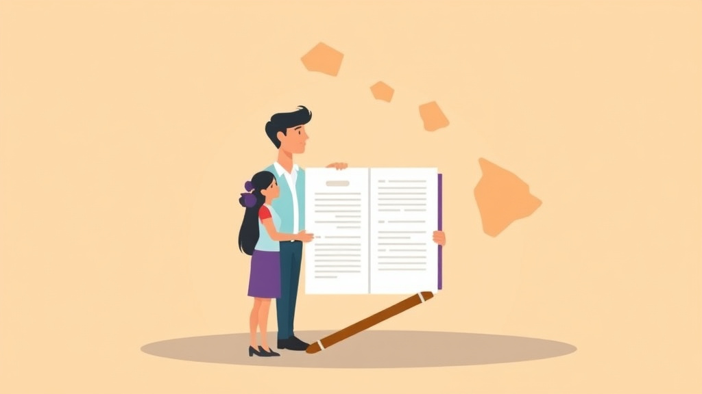 Illustration showing key concepts related to hawaii divorce guide: requirements, filing fees, and process