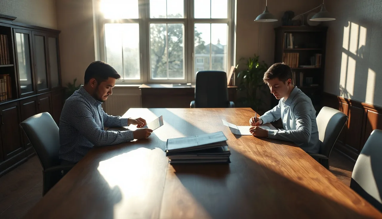 Two people reviewing alimony documents at a table in a sunlit room
