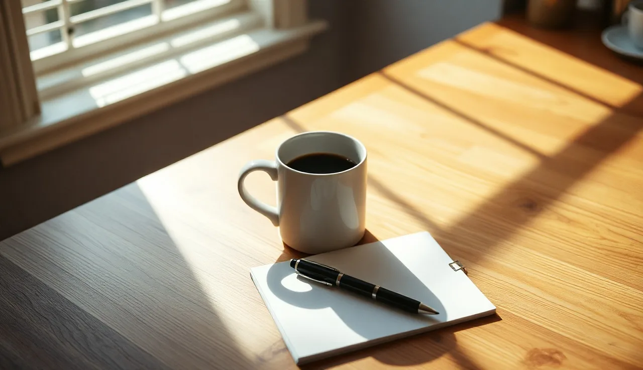 Two coffee mugs and a pen on a kitchen table during separation paperwork preparation