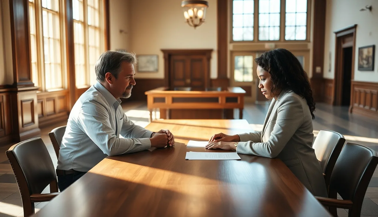 Two people reviewing divorce paperwork together at a sunny courthouse table
