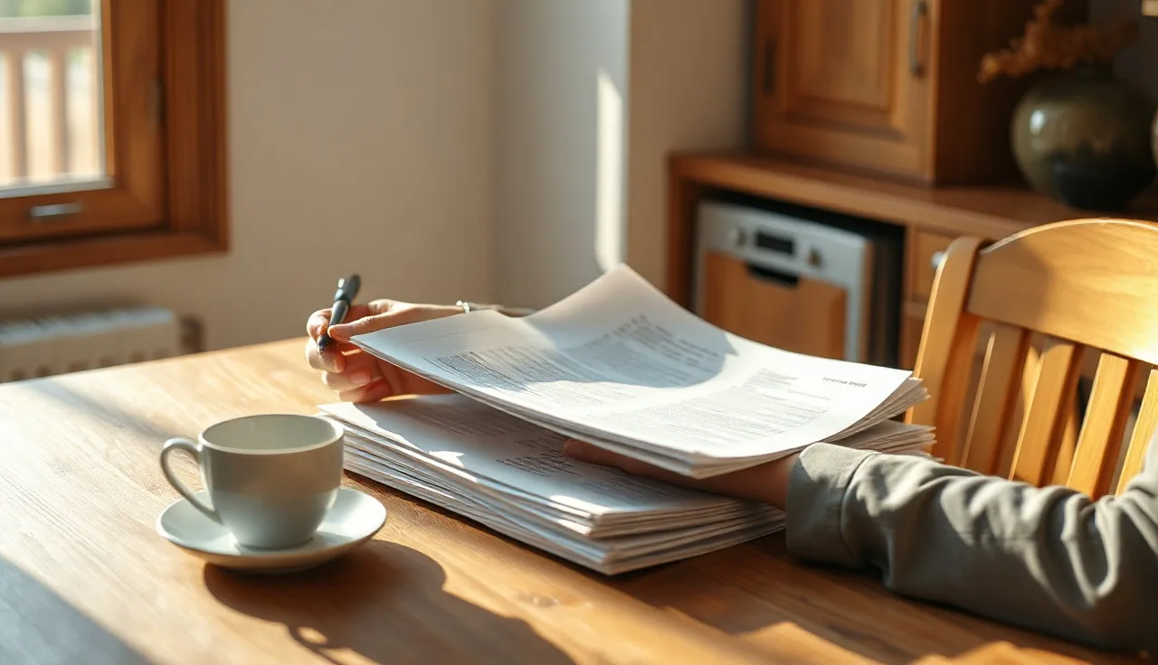 Person reviewing divorce paperwork at a kitchen table in morning light