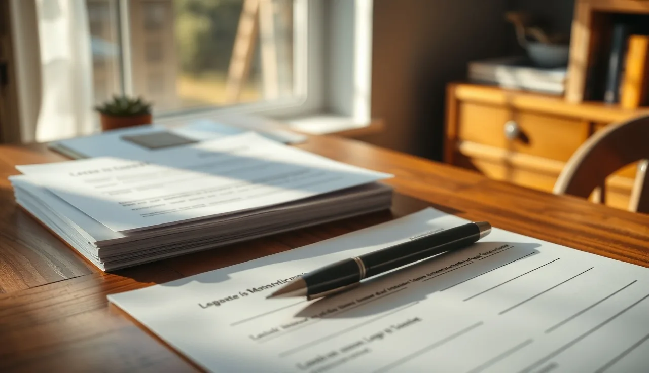 Pen resting on blank legal forms on a home office desk, divorce filing paperwork