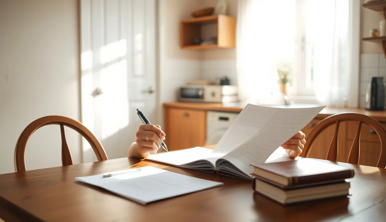 Person reviewing blank divorce paperwork alone at a sunlit kitchen table