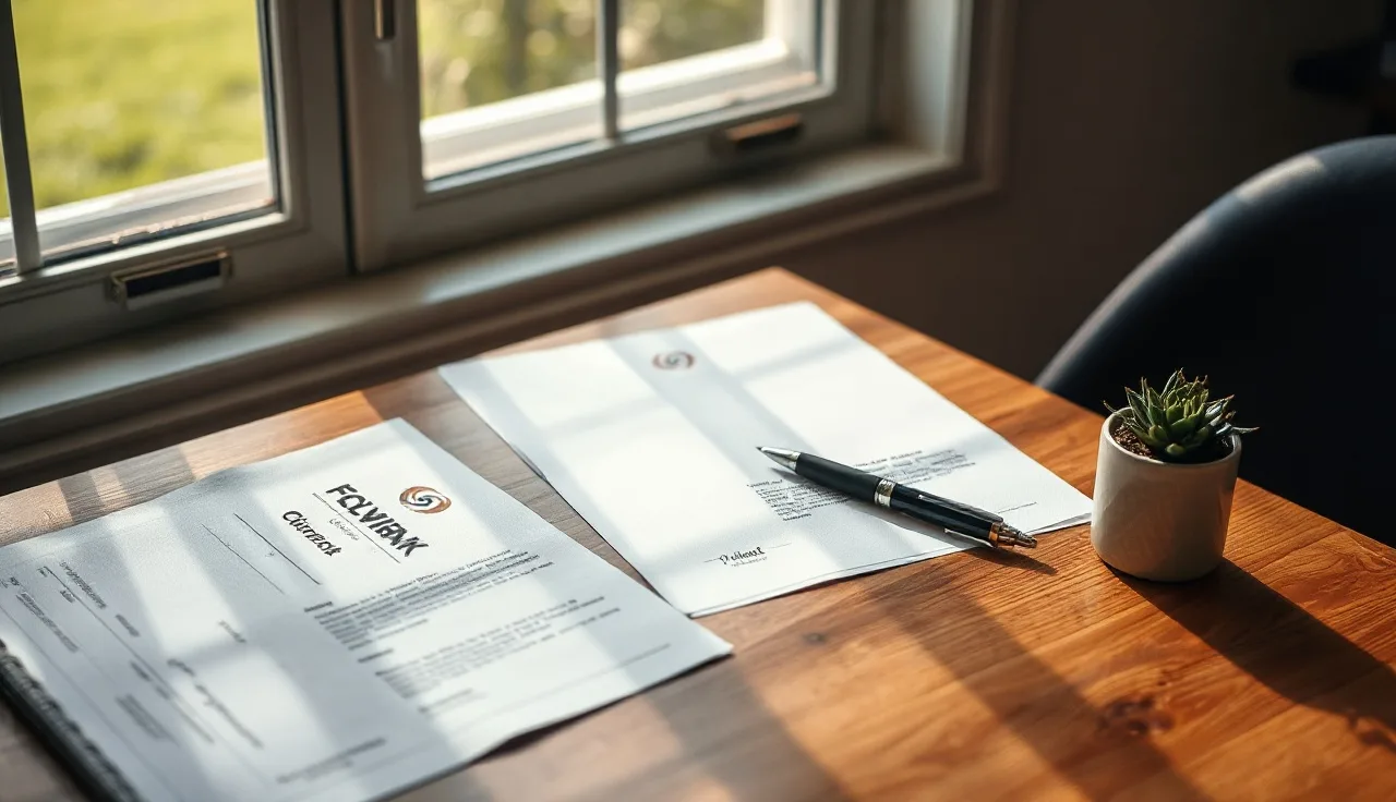 Blank divorce paperwork and a pen on a wooden table in natural light