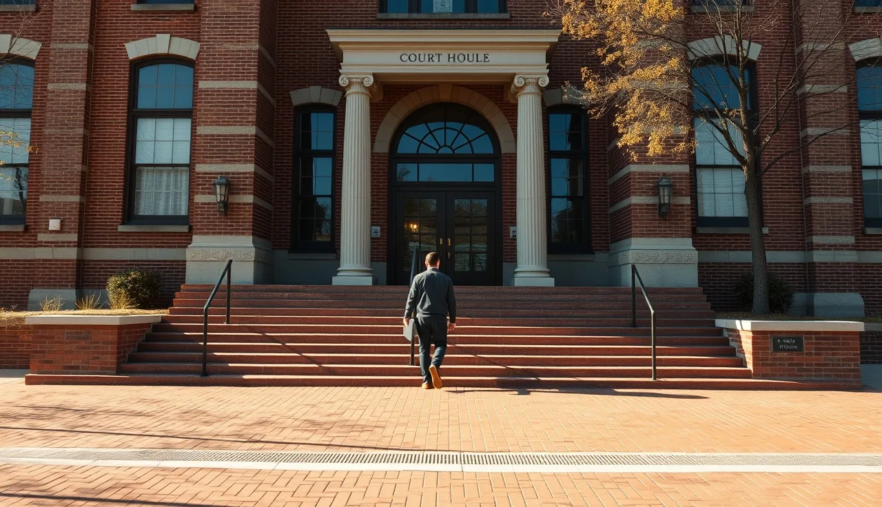 Person walking up courthouse steps to file divorce papers in Illinois
