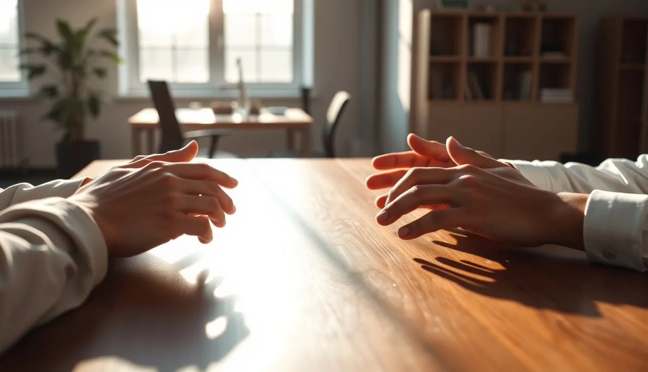 Two people sitting across a table preparing Nevada divorce paperwork without an attorney