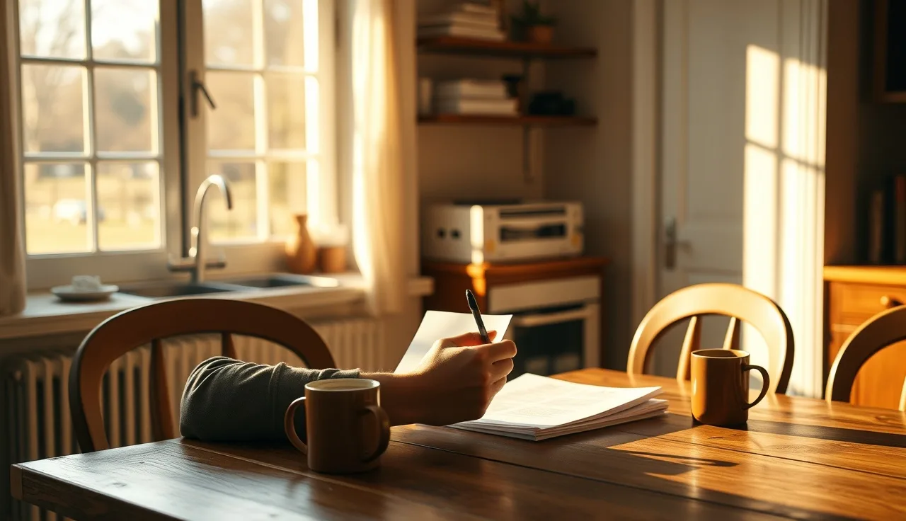 Person reviewing divorce paperwork alone at a kitchen table in morning light