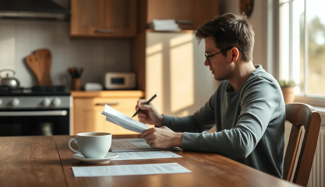 Person reviewing divorce paperwork at a kitchen table in morning light