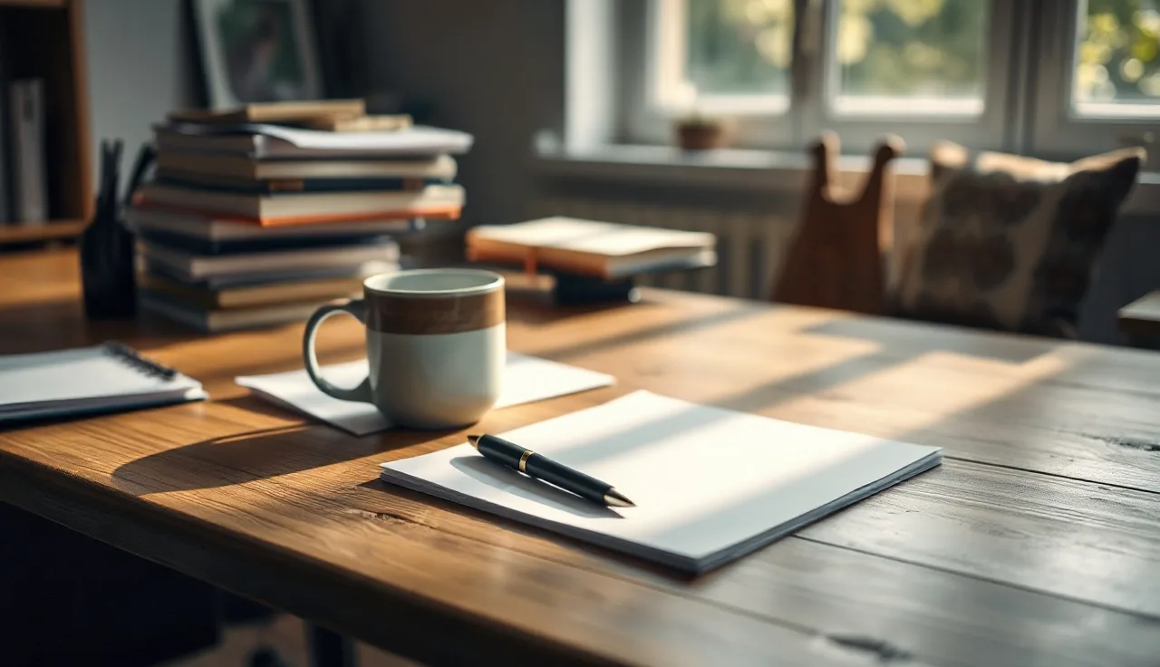 Quiet home office desk with pen and papers, natural morning light, no visible text