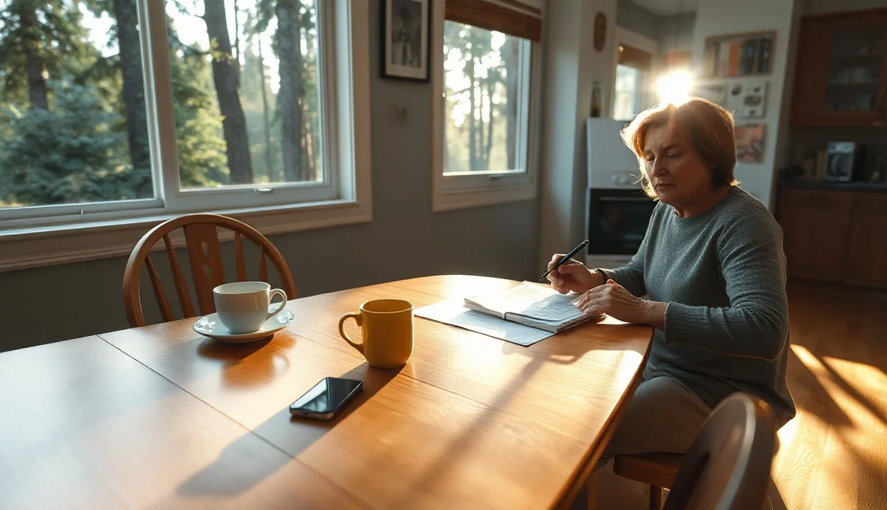 Person reviewing Oregon divorce documents at a kitchen table in morning light