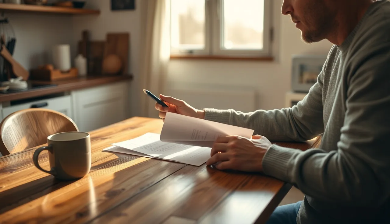 Person reviewing divorce filing paperwork at a kitchen table in Pennsylvania
