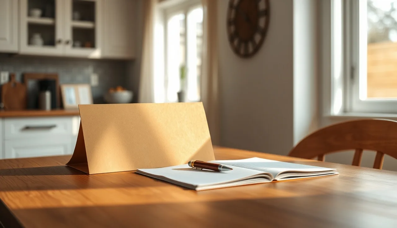 Morning light on a kitchen table with open folders and a pen, suggesting paperwork for a Pennsylvania divorce
