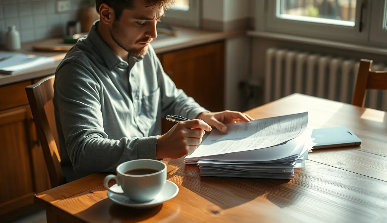 Person reviewing divorce paperwork at a kitchen table in morning light