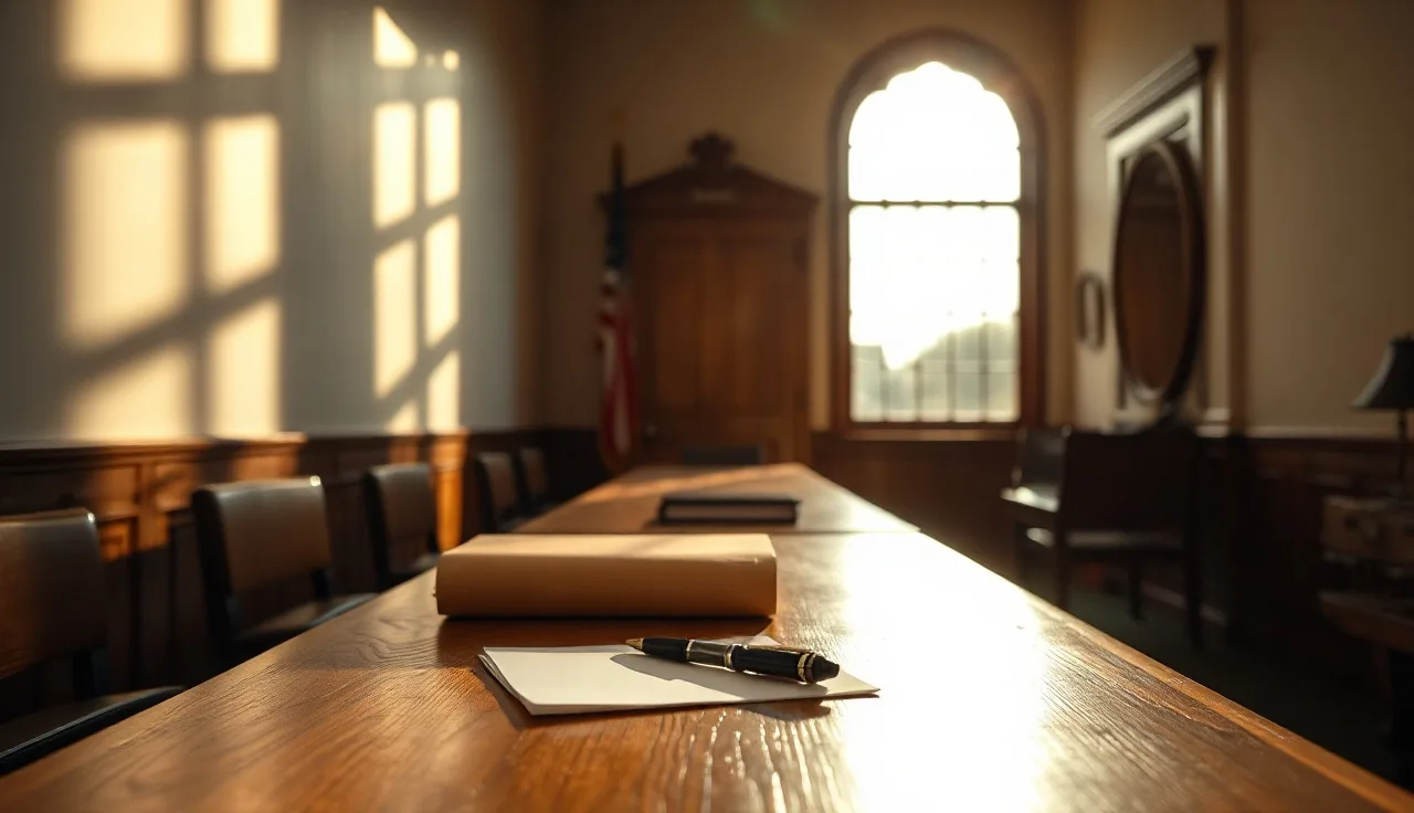 Sun-lit courthouse hallway desk with a manila folder and pen, Texas divorce filing setting