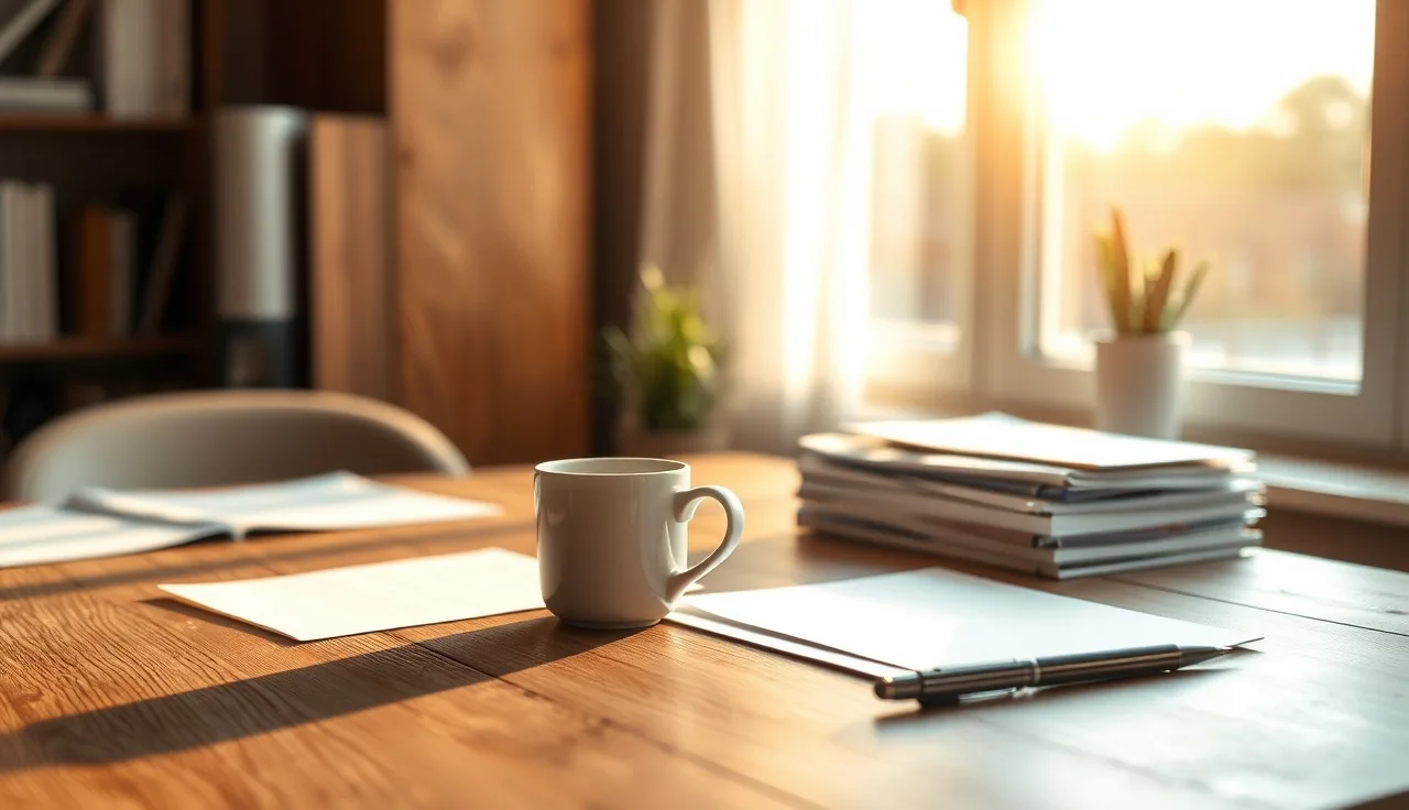 Sunlit home office table with blank papers and pen, suggesting divorce paperwork preparation