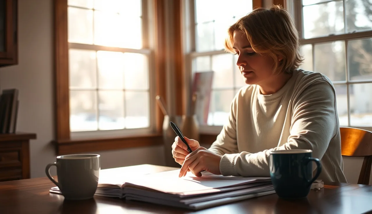 Person reviewing divorce paperwork at a sunlit kitchen table in Washington state