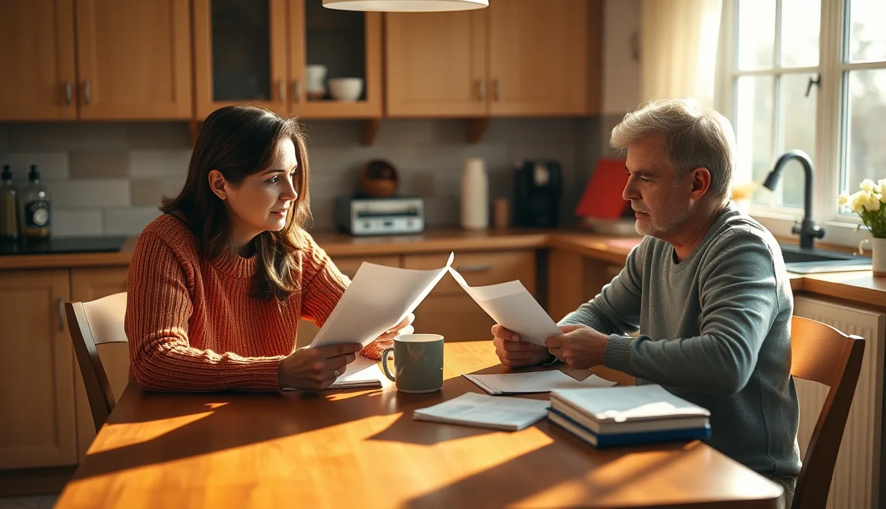 Two people reviewing divorce paperwork together at a kitchen table