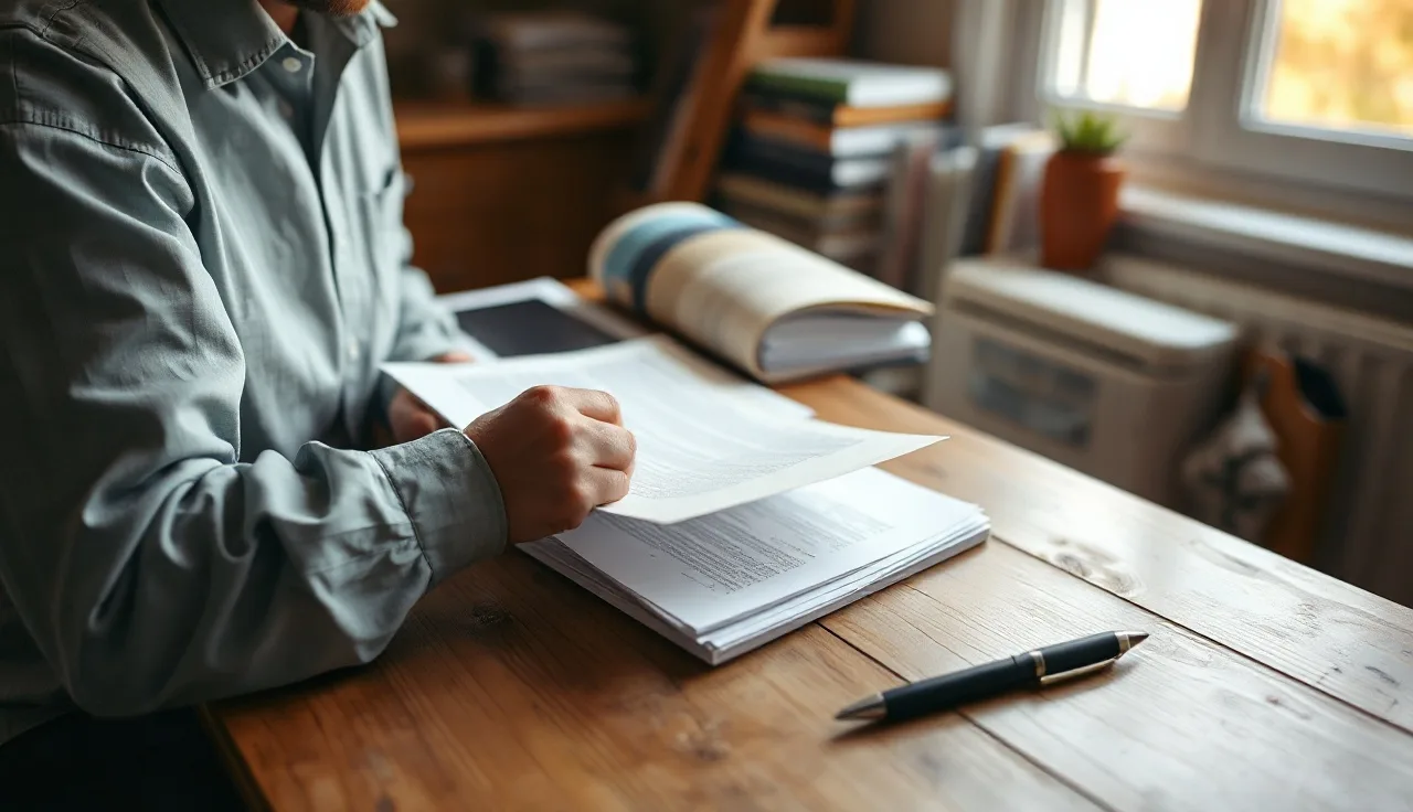Person organizing legal documents into envelope at kitchen table for divorce service