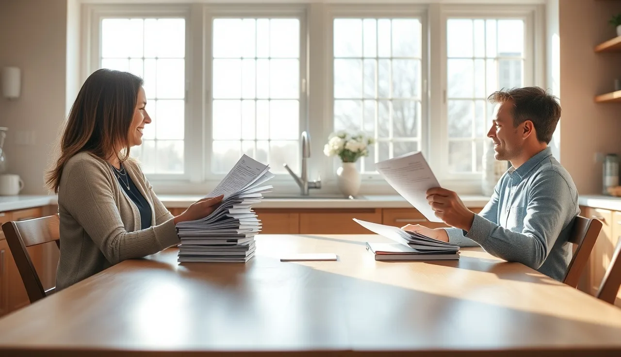 Two people reviewing summary dissolution paperwork at a sunlit kitchen table