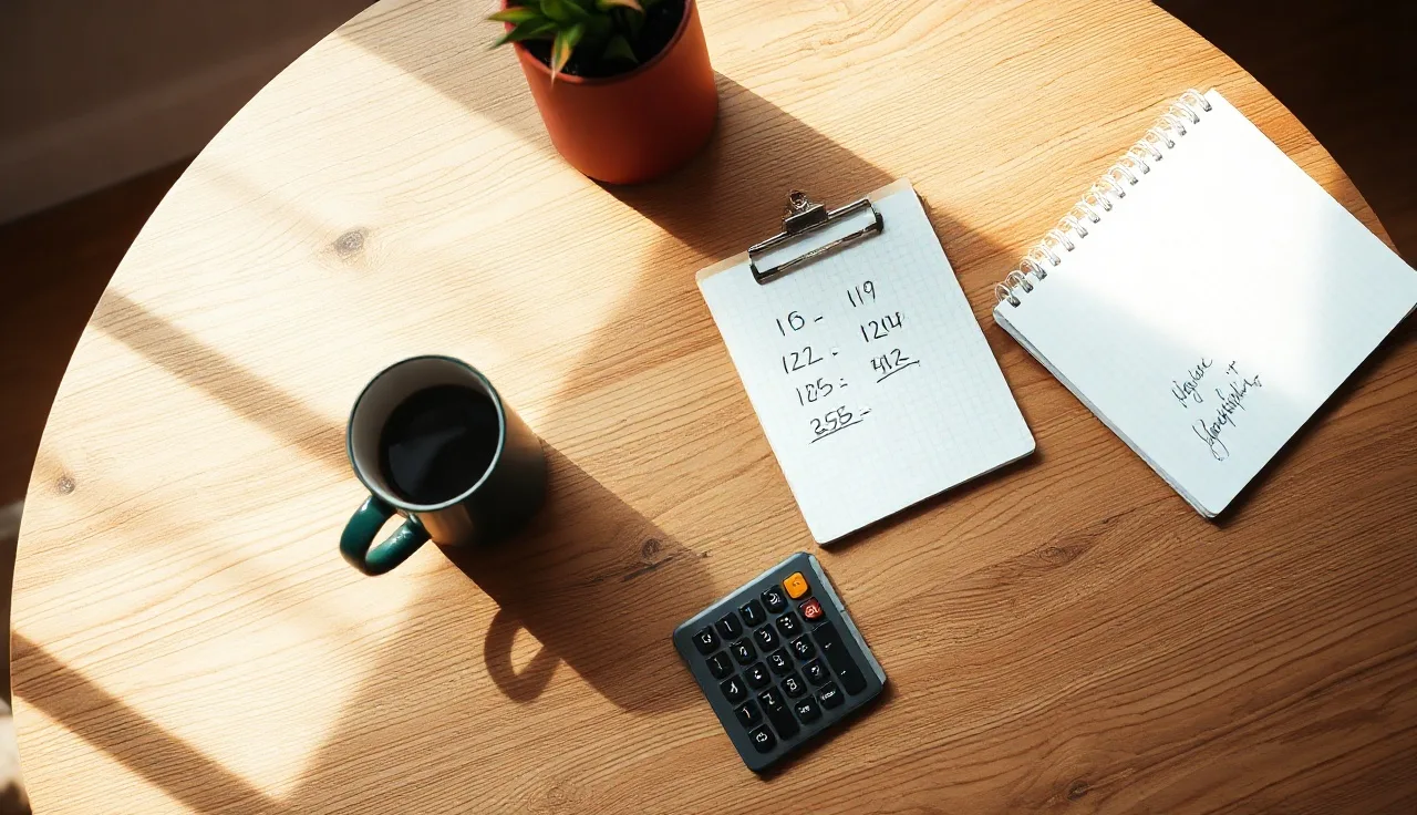 Kitchen table with notepad and calculator suggesting Illinois alimony calculation work