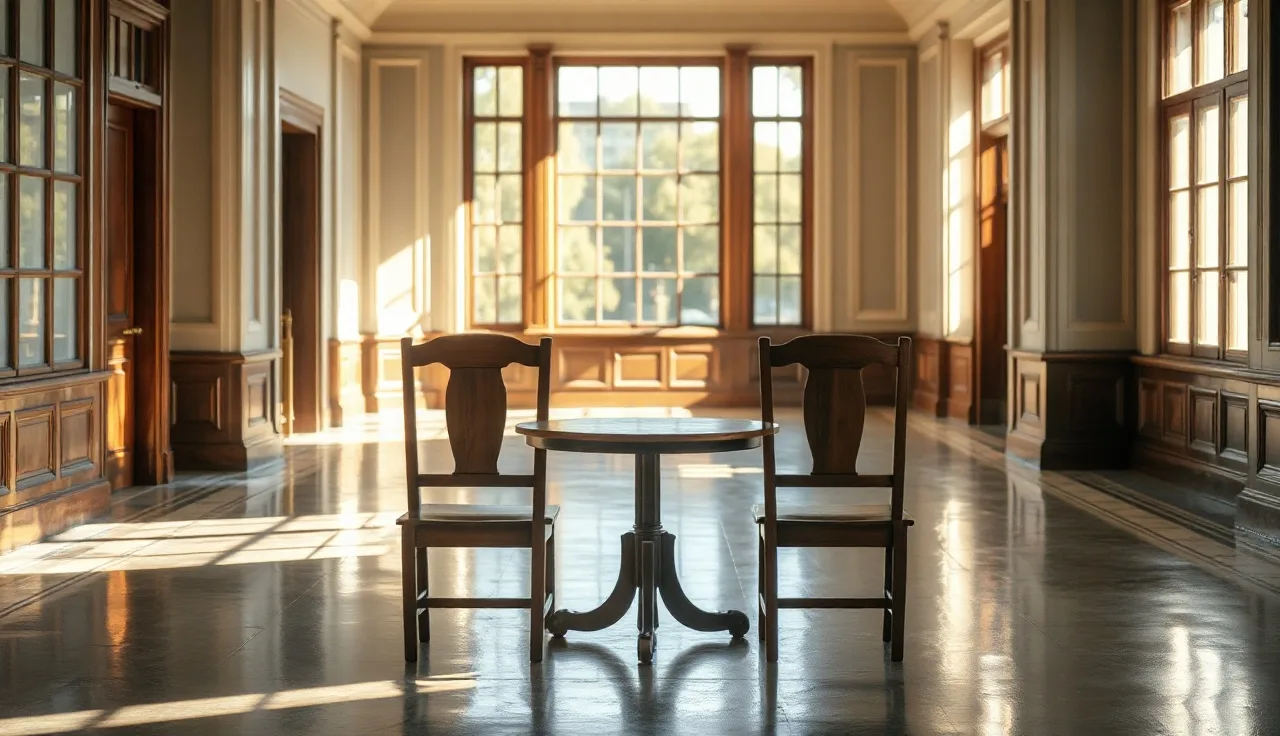 Empty chairs in a courthouse hallway suggesting an Illinois divorce proceeding