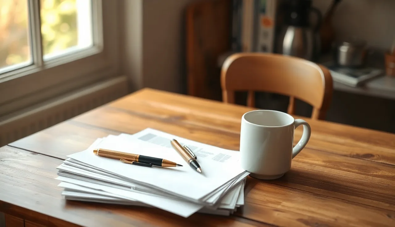Two pens and blank divorce forms on a kitchen table in morning light