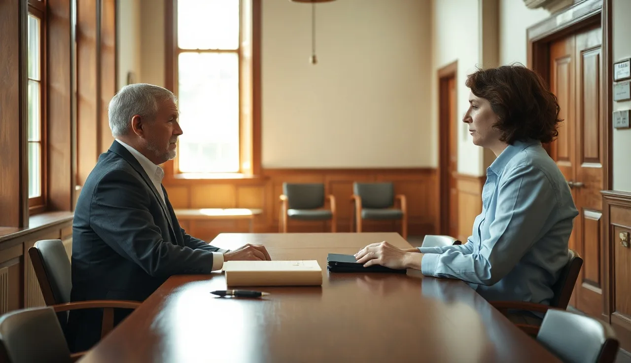 Two people at a courthouse table reviewing Indiana divorce paperwork in morning light