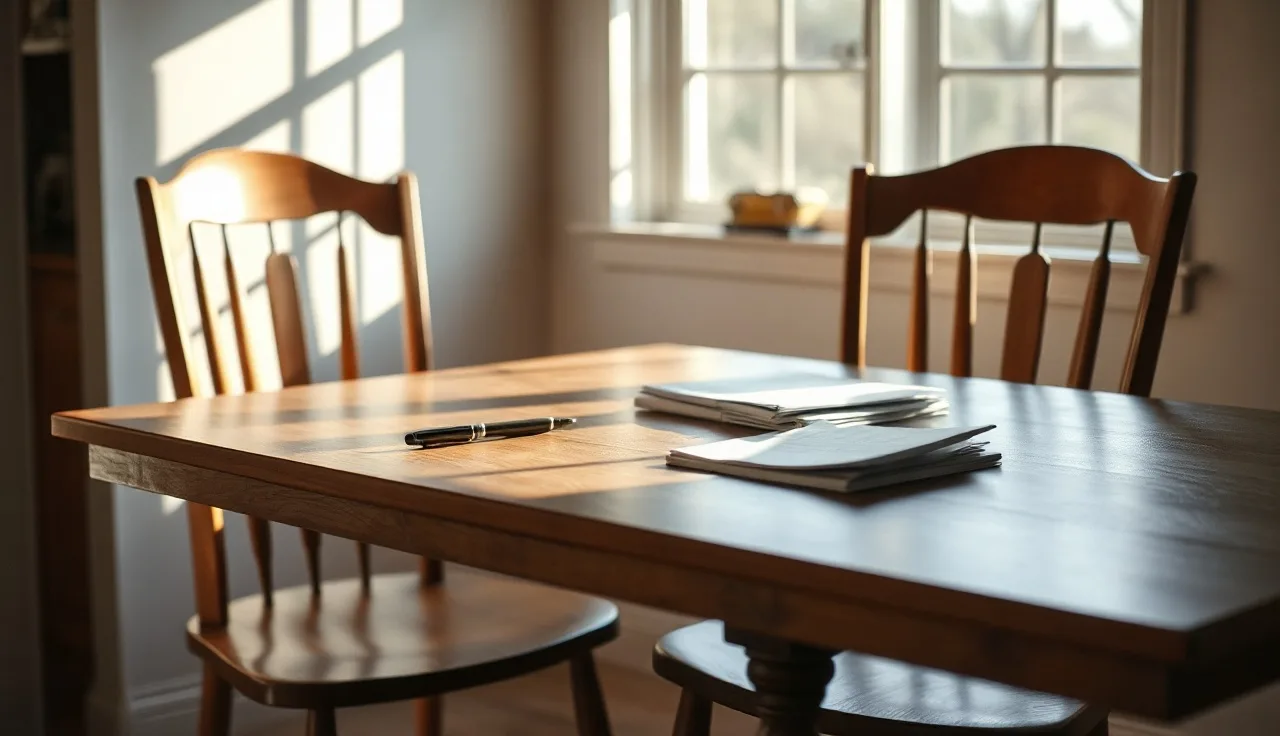 Empty chairs at a sunlit kitchen table with unsigned divorce papers and a pen