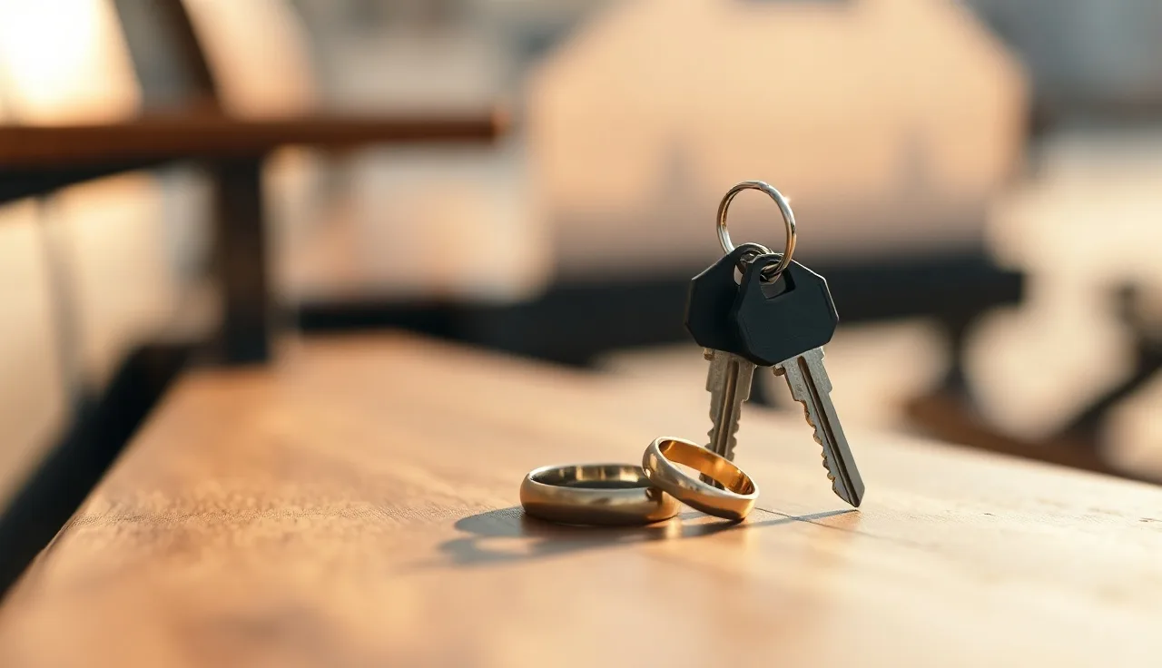 Wedding ring and house keys on a courthouse bench, Massachusetts divorce process