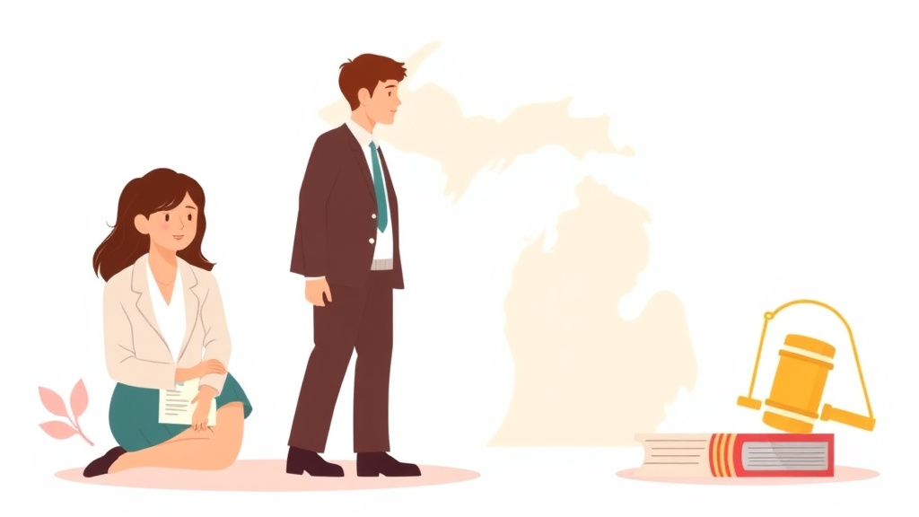 Illustration showing key concepts related to michigan divorce guide: requirements, filing fees, and process