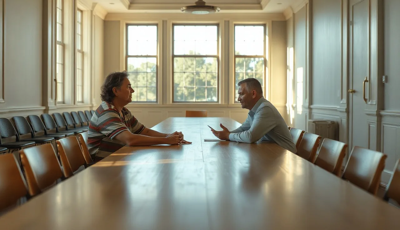Two adults sitting at a courthouse table during a Michigan divorce process