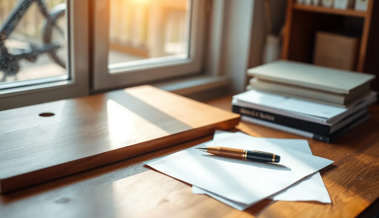 Pen resting on unsigned divorce papers on a sunlit home office desk