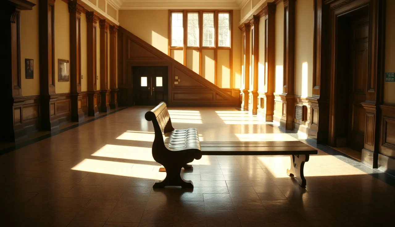 Sunlit hallway inside a Montana county courthouse with empty wooden benches