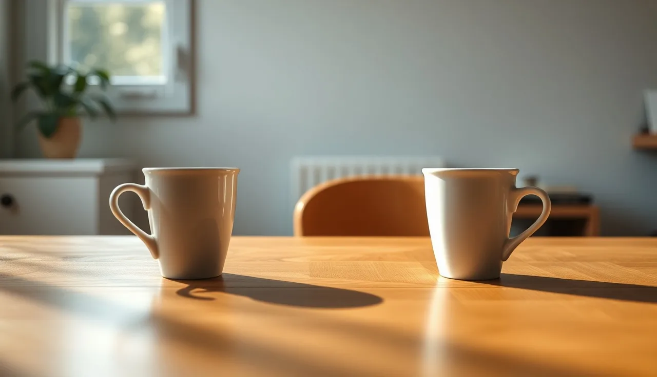 Two coffee cups apart on a wooden table symbolizing NC divorce separation