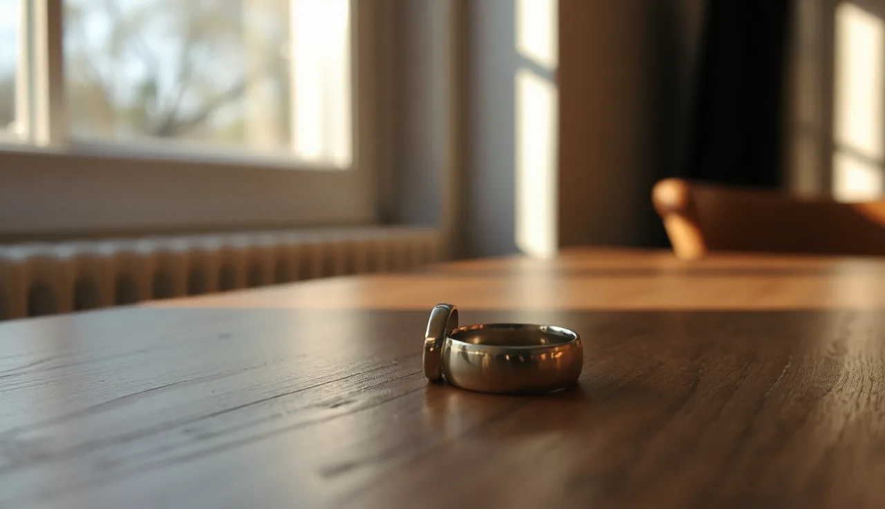 Two plain wedding rings on a wooden table beside a window, symbolizing divorce